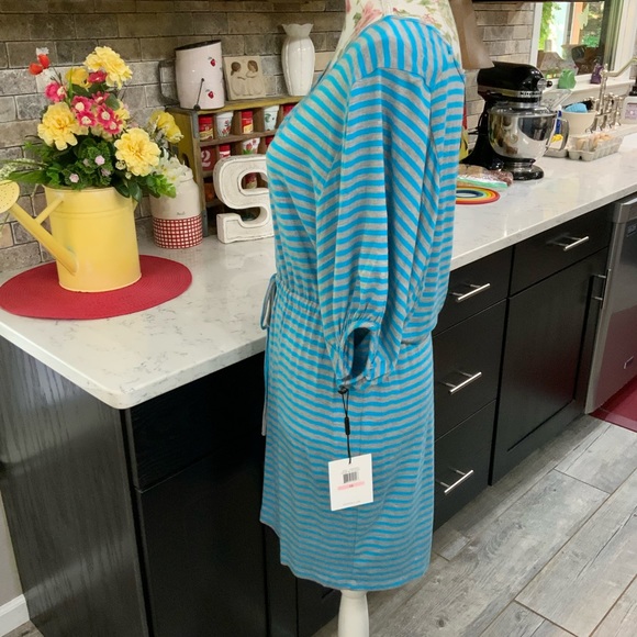 Calvin Klein Blue Gray Striped Drawstring Waist Knit Dress Sz 10 Stretch - Picture 3 of 11